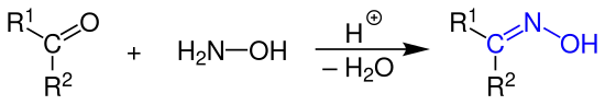 Allgemeine Reaktionsgleichung der Oxim-Bildung aus einer Carbonylverbindung und Hydroxylamin unter sauren Bedingungen