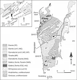 Geologische Karte des Odenwaldes (aus: Altherr, 1999)[2]