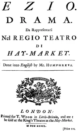Georg Friedrich Händel – Ezio – Titelseite des Librettos – London 1732