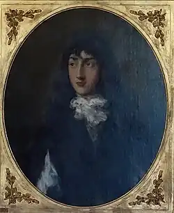 Der junge Canning von Thomas Gainsborough. Canning trägt sehr langes dunkles Haar, das ihm über die Schultern fällt. Er wird mit betont altmodischer Kleidung, wie sie eher aus dem 17. Jahrhundert stammt, porträtiert.