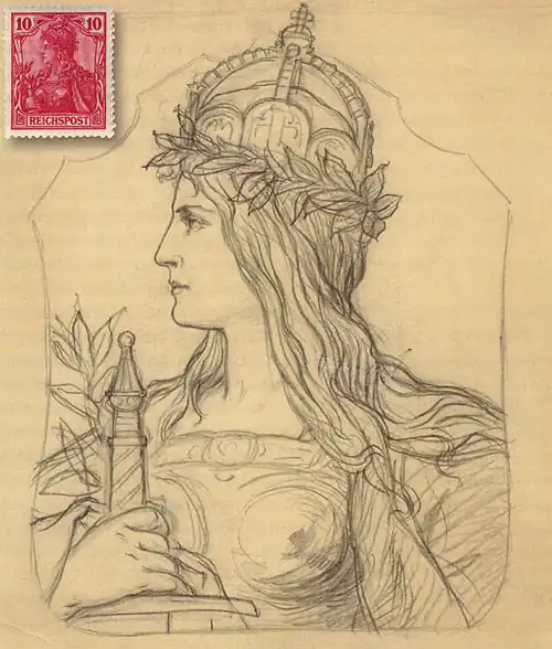 Anna Fuehring als Germania und die Originalskizze von Waldraff zur Gestaltung der Germania-Marke. Die zusätzlich abgebildete Briefmarke zeigt Michel-Nummer 56b von 1900.
