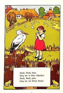 Lithografie „Klapperstorch“ aus dem Buch Kinderhumor für Auge und Ohr