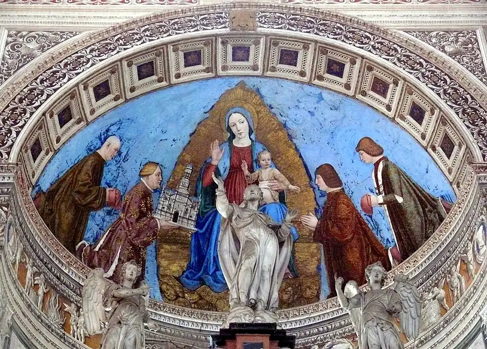 Bergognone, Herzog Gian Galeazzo Visconti schenkt die Certosa der Madonna (1492-1494).