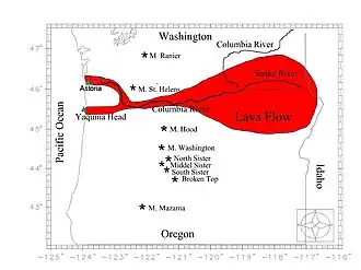 Ausbreitung des Gingko basalt flow vom Ursprungsgebiet östlich des Kaskadengebirges bis an den Pazifischen Ozean bei Astoria und am Yaquina Head
