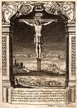 Ansicht aus Anton Ginthers Currus Israel von 1717 mit Abbildung des Gespannwunders