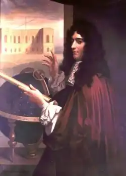 Giovanni Domenico Cassini, in roter Robe und schwarzen Haaren, vor einem Himmelsglobus, mit einem Teleskop in der Hand.