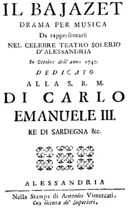Giovanni Colombi – Il Bajazet – Titelseite des Librettos – Alessandria 1740