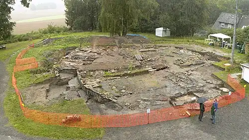 Vom Verein in Kooperation mit der Cranfield University und dem Archäologen Peter Steppuhn durchgeführte Ausgrabung der Glashütte Klein Süntel