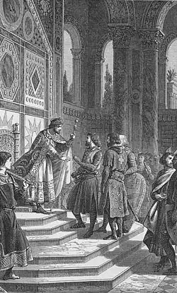 Gottfried von Bouillon und Barone im kaiserlichen Palast von Alexios I. Komnenos