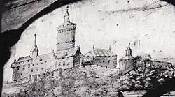 Zeichnung der Godesburg auf einem Kirchenfenster, entstanden um 1506; die einzige erhaltene Darstellung der Burg vor ihrer Zerstörung im Jahr 1583[2]