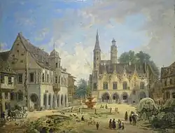 Goslarer Marktplatz, Ölgemälde von Domenico Quaglio, 1833. Stark romantisierte Darstellung: Dem Rathaus fehlt eine Achse.