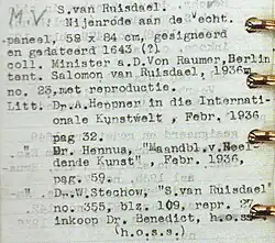 Salomon van Ruysdael: Flusslandschaft mit Fähre (1649). 1930 von Goudstikker bei Christie’s erworben (rechts: Registerblatt Goudstikkers, 1936),[8] 2007 von den Erben der National Gallery of Art, Washington, geschenkt.[9]