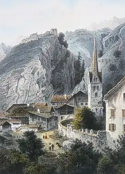 Grüsch um 1860, im Hintergrund die Ruine Solavers