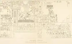 Verteilung von Geschenken durch Echnaton und Nofretete. Sog. „Balkonszene“. Relief: Breite 3,88&nbsp;m. Höhe: 2,03&nbsp;m.