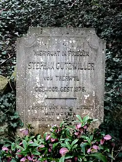 Stephan Gutzwiller von Therwil (1802–1875) Hauptführer der Baselbieter Revolution. Grab auf dem Friedhof Liestal. Standort: Feld LP gegen Basel-Stadt. 3. August 1833 in der Schlacht an der Hülftenschanz. Grabinschrift: Lasset uns nicht lieben mit Worten, sondern mit der That und in Wahrheit. 1. Johannes 3.18