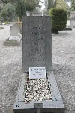 Albert Schmidt (1883–1970), Berthe Schmidt-Allard (1877–1953), Claude Schmidt (1910–1999). Grab, Friedhof von Chêne-Bougeries, Genf.