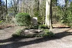 Grab mit hellem, nahezu rechteckigen Grabstein, auf dem die Namen von sieben Personen erkennbar sind. Neben dem Grabstein wächst auf der einen Seite ein rund zugeschnittener Busch, auf der anderen Seite sieht man einen Baumstamm. Das Grab selbst ist nur am Rand grün bepflanzt, in der Mitte sieht man nackte Erde und eine leere Blumenschale.