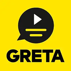 Auf gelbem Grund eine schwarze Sprechblase. Darin ein Play Button sowie zwei Linien.