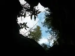 Blick nach oben aus dem 1. Schacht im Spinnenlabyrinth.