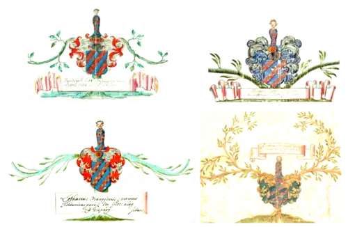 Verschiedene Wappendarstellungen der Groschlags aus Ahnenproben im 18. Jahrhundert. Oben links das Wappen von Friedrich Carl Willibald Freiherr von Groschlag zu Dieburg