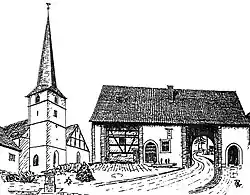 Pfarrkirche und Schmiedstor in Großeibstadt; gez. von Rudi Breunig