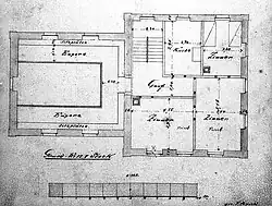 Grundriss des ersten Stockes mit der Frauenempore und der Lehrerwohnung