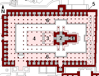 Luna-Vasahi-Tempel (13. Jahrhundert) in Mount Abu (Rajasthan), Grundriss: 1 – Garbhagriha 2 – Gudhamandapa 3 – Mukhamandapa 4 – Rangamandapa 5 – Umgebungsmauer 6 – Säulenumgänge