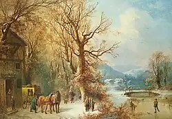 Kutsche und Pferde in einer Schneelandschaft