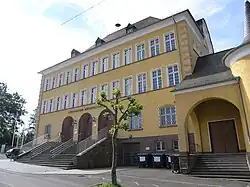 Stirnseite des Gymnasiums mit den Haupteingängen