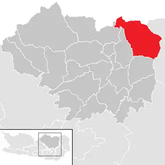 Lage der Gemeinde Hüttenberg (Kärnten) im Bezirk Sankt Veit an der Glan (anklickbare Karte)