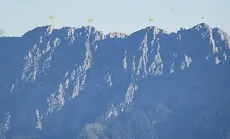 Hackenköpfe von Nordwesten, links der Östliche Hackenkopf (ÖH), mittig der Mittlere Hackenkopf (MH), weiter rechts der Westliche Hackenkopf (WH) und ganz rechts der Scheffauer (S), links von ihm der Widauersteig (Klettersteig)