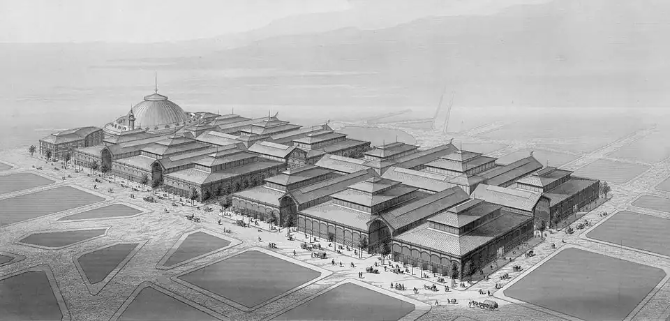 Zeichnung aus der Vogelperspektive der Halles centrales in Paris im Jahr 1863, entworfen von Victor Baltard[22]