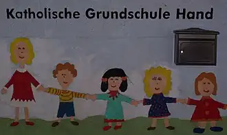 Eine Wandbemalung neben dem Haupteingang verbildlicht das Motto – Hand in Hand – der katholischen Grundschule