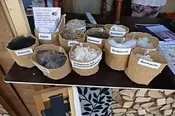 Mehrere kleine Jutesäckchen mit unterschiedlichen Fasern auf einem Brett