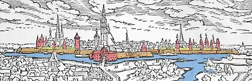 Befestigungsanlagen (eingefärbt) von Hannover um 1636 mit gelber Stadtmauer, braunen Wällen, blauen Wassergräben und roten Mauertürmen sowie Bastionen