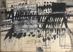 Die Abbildung zeigt ein Gemälde von Hans Joachim Strauch. Das Werk wurde 1966 geschaffen und zeigt eine Malerei bzw. Collage in Schwarz und Weiß.