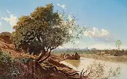 Boote auf dem Tiber vor Anker. Im Hintergrund die Dächer von Rom. Öl auf Leinwand, 56&nbsp;×&nbsp;83&nbsp;cm, Rom 1871