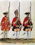 Infanterie-Regiment v. Hardenberg (links) und Fußgarde (Mitte und rechts), um 1761.