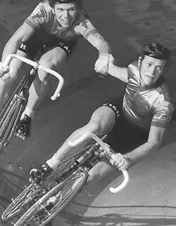 Günter Haritz (l.) mit René Pijnen beim Münchener Sechstagerennen 1976