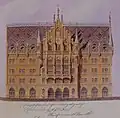 Georg von Hauberrisser: Entwurf aus dem Jahr 1867 für ein neues Rathaus in München, erster Bauabschnitt ohne die später hinzugefügten Fassadenstatuen und den Laubengang