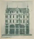 Kaiserstraße 40 in Heilbronn. Erbaut 1898 für Adolf Grünwald und Ernst Pfleiderer nach Entwürfen des Architekten Heinrich Stroh, Hauptfassade zum Kiliansplatz.