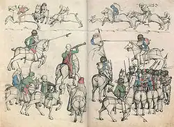 „Das Scharfrennen“, aus dem Mittelalterlichen Hausbuch von Schloss Wolfegg