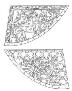 Schiffsfahne von Heggen, Buskerud, Norwegen. Auf der einen Seite ein Löwe oder so genanntes Großes Tier zusammen mit einem kleineren Löwen, auf der anderen Seite ein Vogel im Kampf mit einer Schlange. Damit sind die drei Hauptmotive des Ringerike-Stils auf einem Stück vereint.[7]