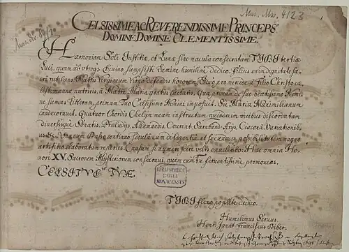 Heinrich I. F. Biber Mystery Sonatas Dedication Page