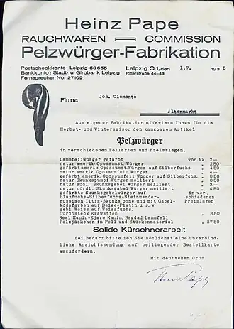 Großhandels-Werbeschreiben für Pelzwürger (1935)