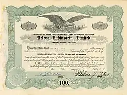Aktie des am 20. Juni 1929 in Streetsville, Ontario gegründeten Unternehmens „Helena Rubinstein, Limited“, ausgegeben am 29. Juni 1929, im Original unterschrieben von Helena Rubinstein als Vize-Präsidentin