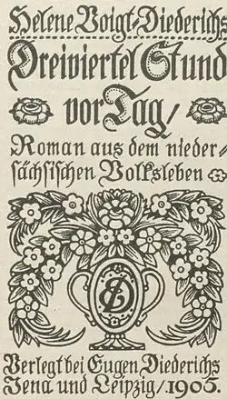 Das Titelblatt des Romans ist in altdeutscher Schrift gehalten. In der unteren Hälfte ist eine Zeichnung mit Blumen um den Buchstaben „D“ zu sehen.