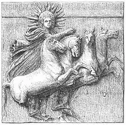 Helios-Metope: Helios mit Strahlenkranz taucht mit seinem Viergespann aus dem Meer auf