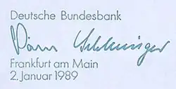Unterschrift Schlesingers auf DM-Scheinen von 1989 bzw. 1991