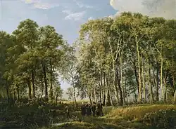 Waldlandschaft mit einer Figurengruppe in Tracht, 1839